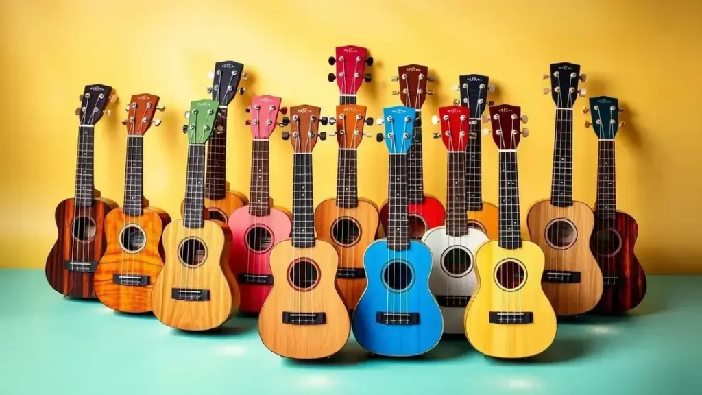 Melhor Ukulele Soprano: os 7 melhores em 2026 Uma ilustração mostrando a variedade de ukuleles soprano, destacando os diferentes designs e cores disponíveis.