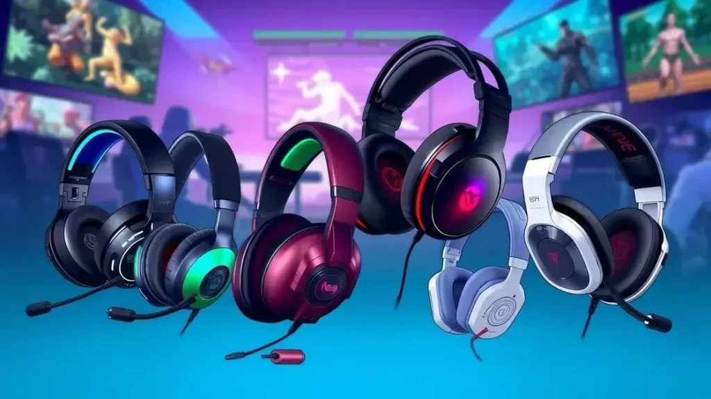 Melhor Headset: os 10 melhores em 2026 Uma ilustração mostrando a variedade de headsets gamer, com um ambiente de jogo vibrante ao fundo, destacando o design exclusivo de cada headset.